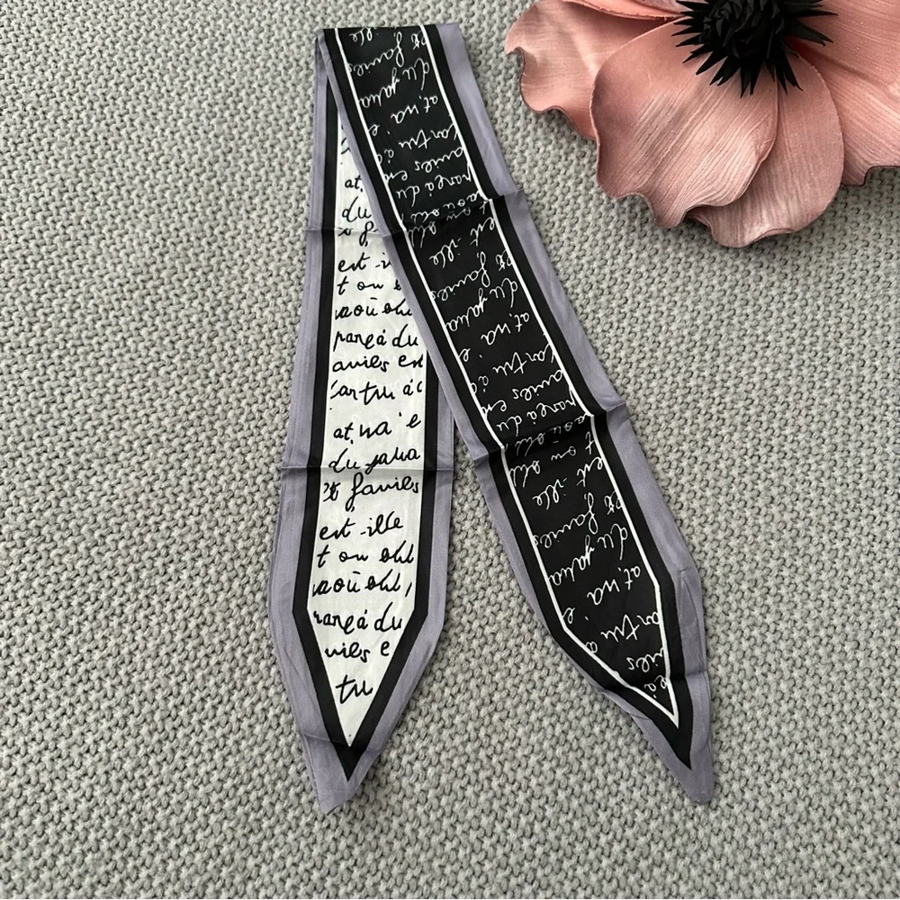 Black Grey French Script Print Hair purse skinny Scarf 3/$20